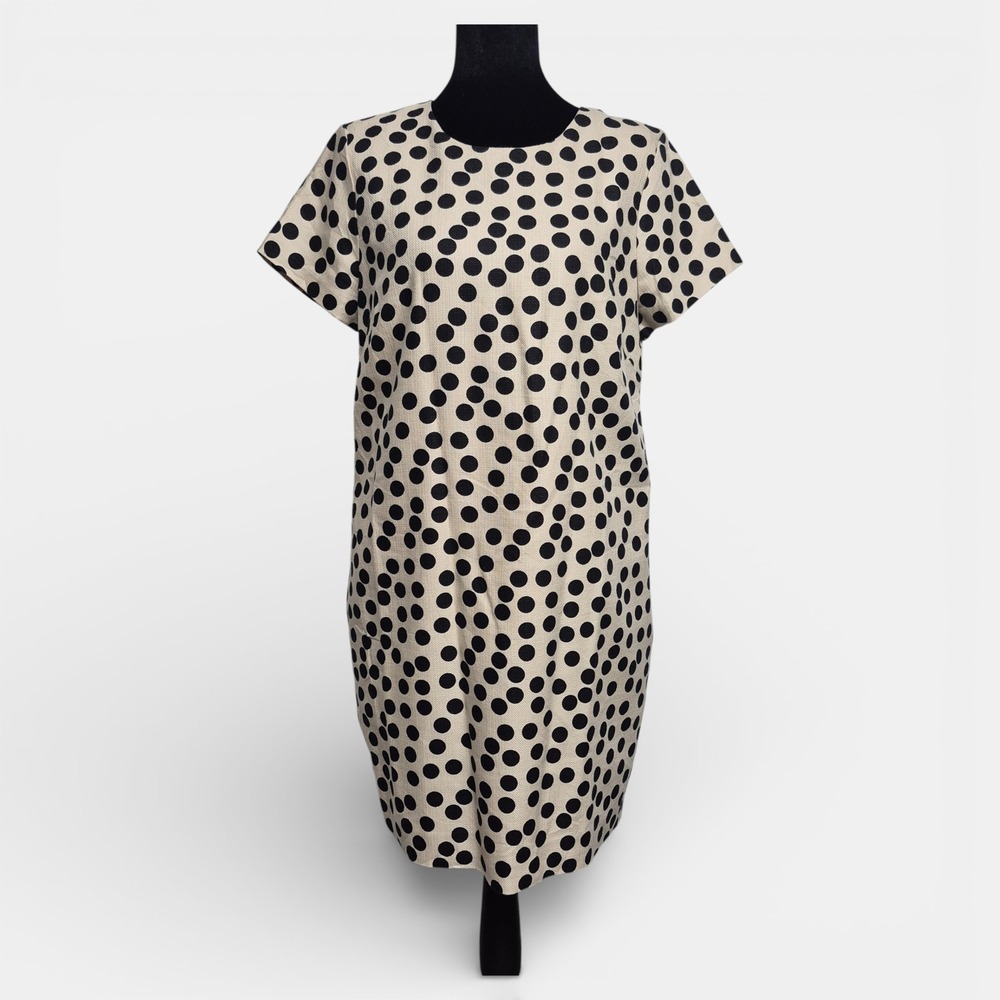 J Crew Womens Size 10 Polka Dot Shift Dress Beige Black Cotton Modal Style 35551